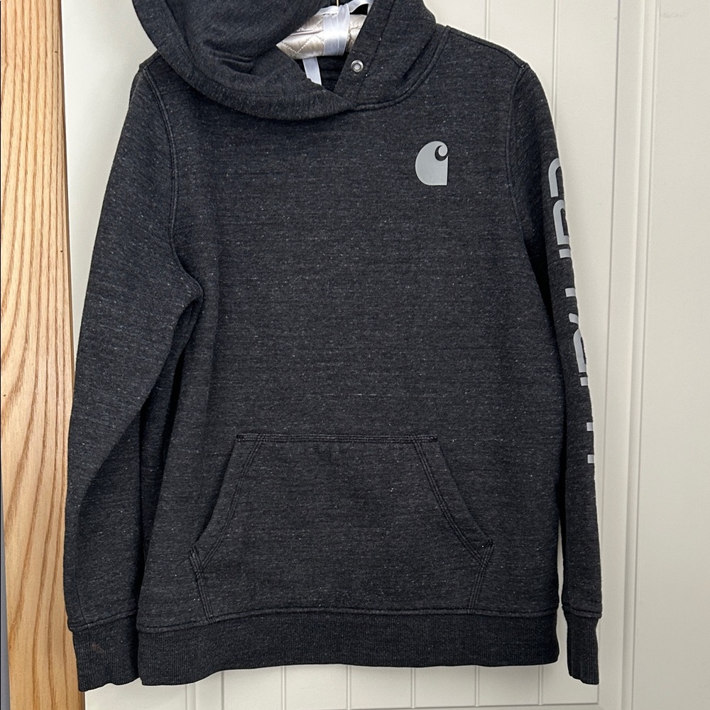 Carhartt Dark Heather Gray Pullover Hoodie with Sleeve Logo.  No ties.
